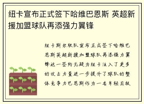 纽卡宣布正式签下哈维巴恩斯 英超新援加盟球队再添强力翼锋